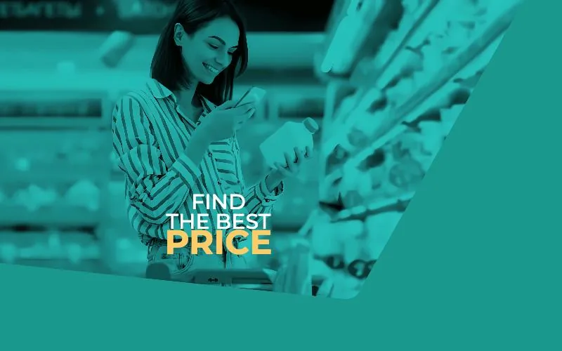 PriceIn website: a shopper scanning a product with her phone under the headline “Find the best price”